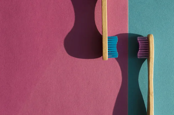 Renkli arka planda iki doğal cyan ve morumsu bambu diş fırçası. Soyut tasarım. Plastiksiz temel diş bakımı. Moda konsept yaşam tarzı