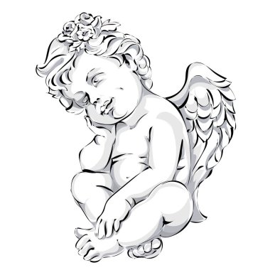 Angel wedding decor, Valentines day cupid, black and white vector illustration art clipart