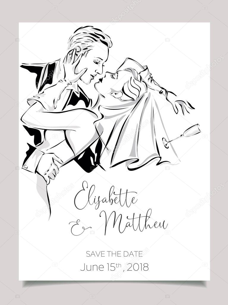 Wedding greeting card with kissing bride and groom. Clip art set black and white wedding invitation template vector illistration art