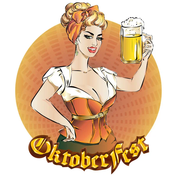 Oktoberfest Pin Mujer Con Cerveza Con Vestido Tradicional Alemán Logotipo — Vector de stock