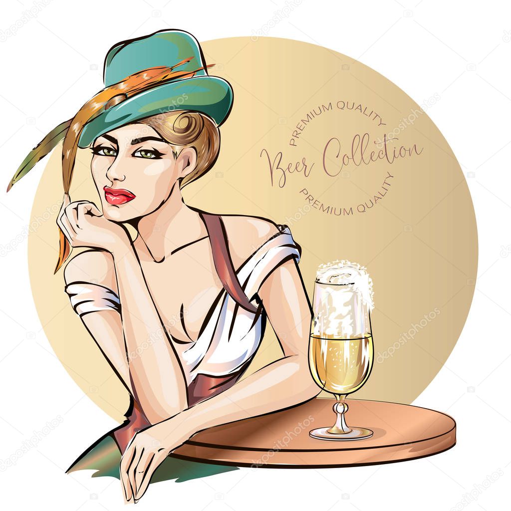 Oktoberfest pin-up woman with beer. Oktoberfest logo, banner, hand drawn vector illustration background art