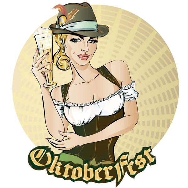 Oktoberfest Pin Mujer Con Cerveza Logotipo Oktoberfest Banner Ilustración Vectorial — Archivo Imágenes Vectoriales