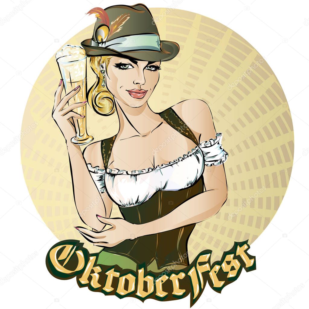 Oktoberfest pin-up woman with beer. Oktoberfest logo, banner, hand drawn vector illustration background art