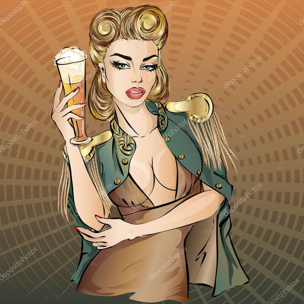 Oktoberfest pin-up woman with beer. Oktoberfest logo, banner, hand drawn vector illustration background art