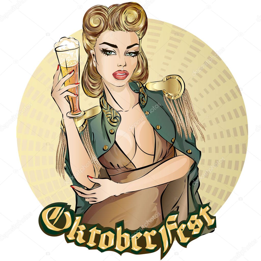 Oktoberfest pin-up woman with beer. Oktoberfest logo, banner, hand drawn vector illustration background art