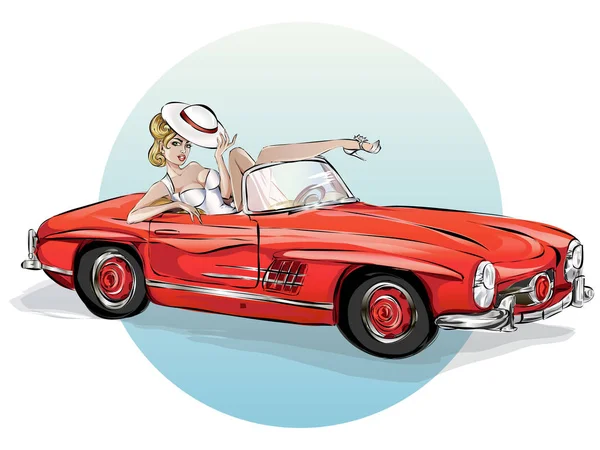 Pin Hasta Mujer Sexy Coche Rojo Retro Pop Art Girl — Vector de stock