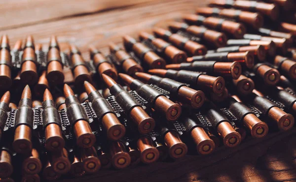Rows Military Metal Bullets Wooden Background — Stock Photo, Image