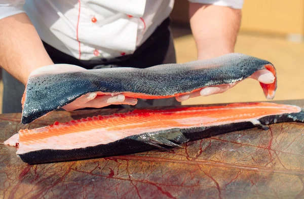 Hands Chef Holding Fresh Salmon Fillet — Stock Photo, Image