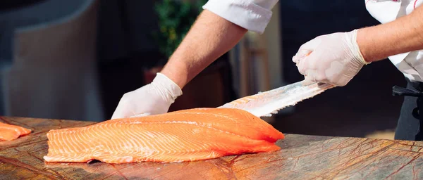 Hands Chef Cutting Raw Salmon Fillet Table — Stock Photo, Image