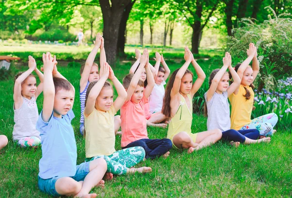 Parkta Yoga Yapan Büyük Bir Grup Çocuk Çimenlerin Üzerinde Oturuyor — Stok fotoğraf