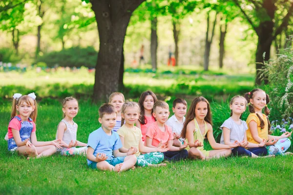 Gran Grupo Niños Dedicados Yoga Parque Sentados Sobre Hierba —  Fotos de Stock