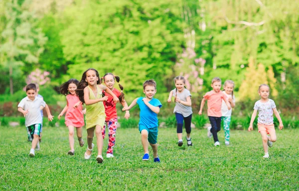 多くの異なる子供 男の子と女の子のカジュアルな服装で日当たりの良い夏の日 公園で走っています — ストック写真