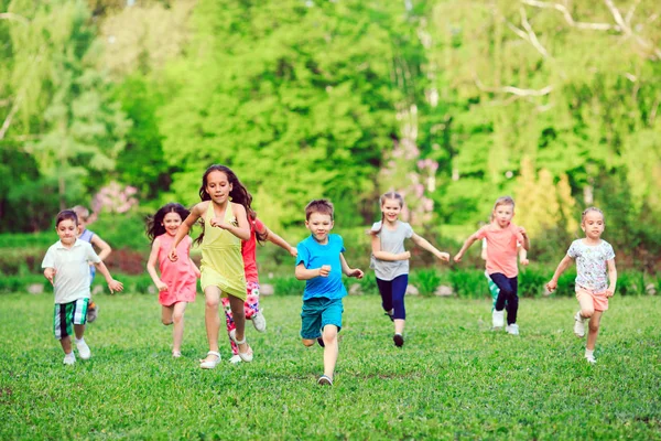 Beaucoup Enfants Garçons Filles Différents Courent Dans Parc Jour Ensoleillé — Photo