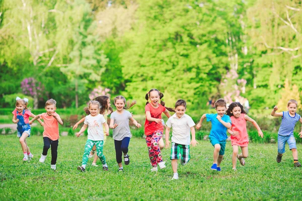 Muchos Niños Niños Niñas Diferentes Corriendo Parque Soleado Día Verano —  Fotos de Stock