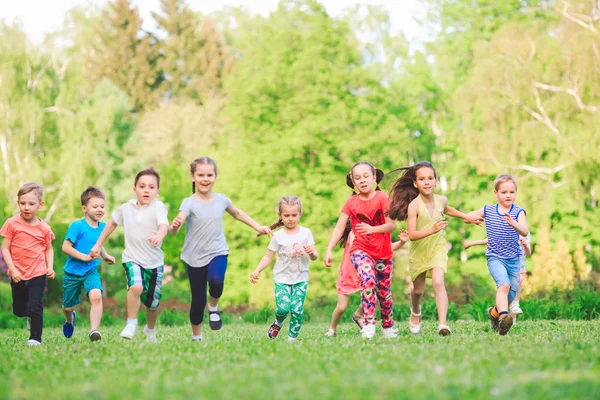 Many Different Kids Boys Girls Running Park Sunny Summer Day — Stock Photo, Image