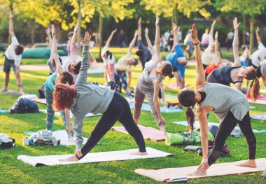 Bir grup genç gün batımında Park'ta yoga yapıyor..
