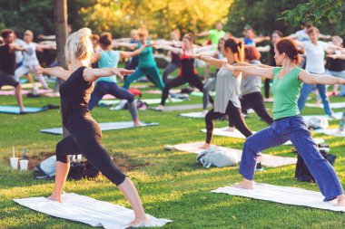 Bir grup genç gün batımında Park'ta yoga yapıyor..