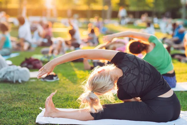 一群年轻人在日落时分在公园里做瑜伽 — 图库照片