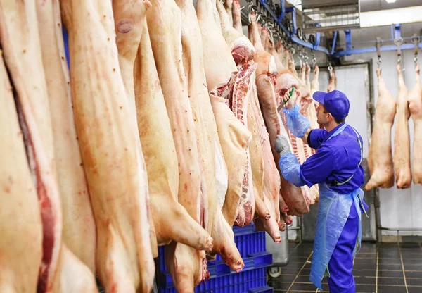 Carnicero Cortando Carne Cerdo Fabricación Carne — Foto de Stock