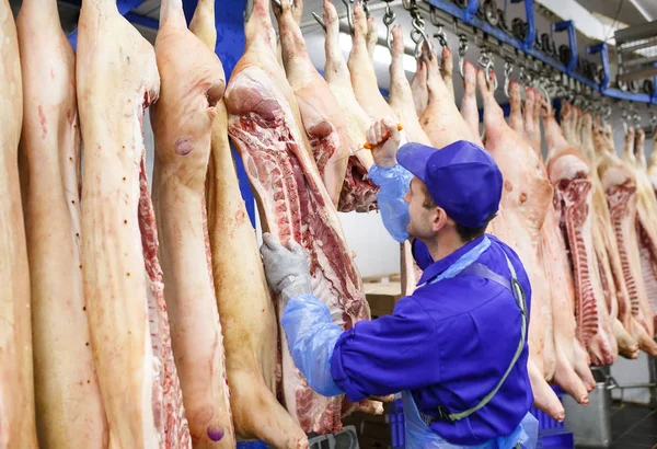 Butcher Cutting Pork Meat Manufacturing — Stock Photo, Image