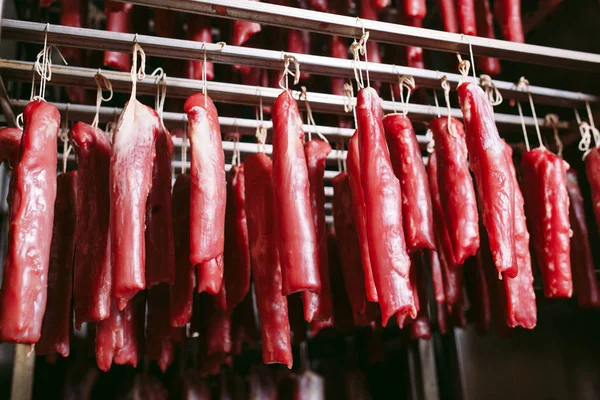 Jamón Ahumado Horno Producción Salchichas Fábrica — Foto de Stock