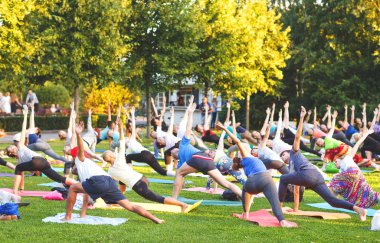 Büyük bir grup yetişkin parkta yoga dersine katılıyor..