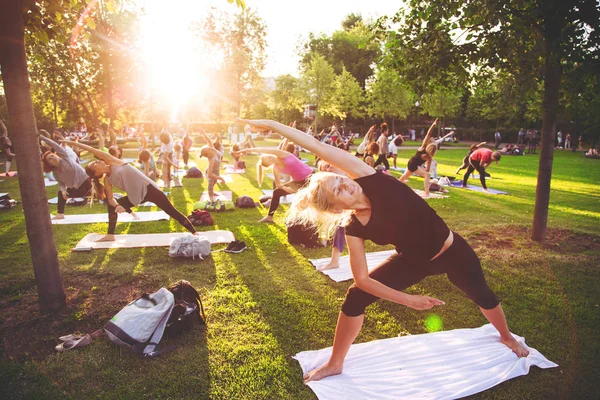 在公园外面上瑜伽课的大群成年人 — 图库照片