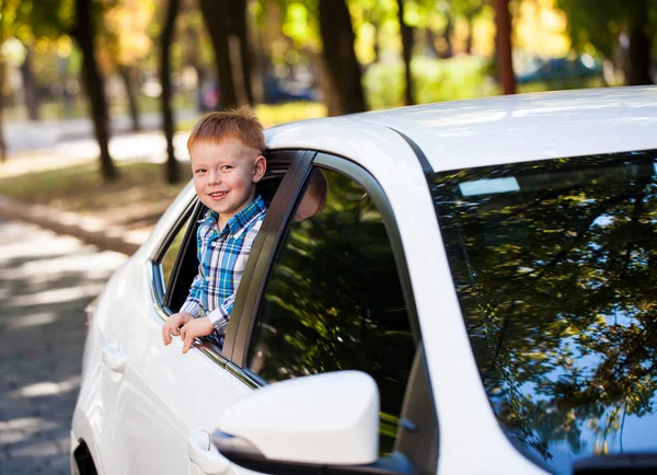 Entzückender kleiner Junge im Auto. Lachender Junge blickt aus dem Autofenster. — Stockfoto