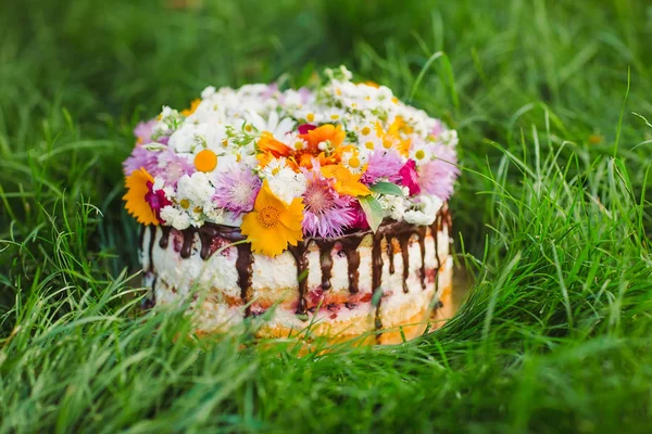 Naked cake decorated with flowers on the grass.