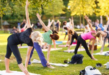 Büyük bir grup yetişkin parkta yoga dersine katılıyor.