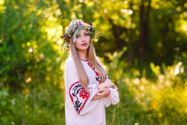 Ein junges Mädchen slawischen Aussehens mit einem Kranz aus Wildblumen im Hochsommer — Stockfoto