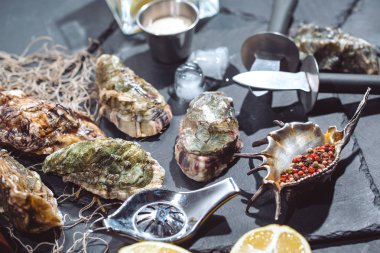 Buz, limon, balıkçılık net, biber ve bıçak ile taş plaka üzerinde istiridye