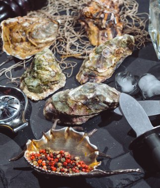 Buz, limon, balıkçılık net, biber ve bıçak ile taş plaka üzerinde istiridye.