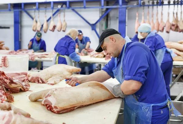 Cutting meat in slaughterhouse. The meat and sausage factory. — Stock Photo, Image