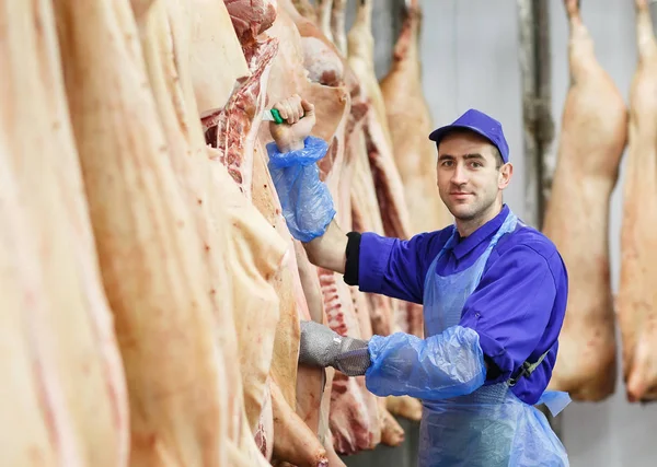 Macellaio taglio di carne di maiale presso la produzione di carne . — Foto Stock