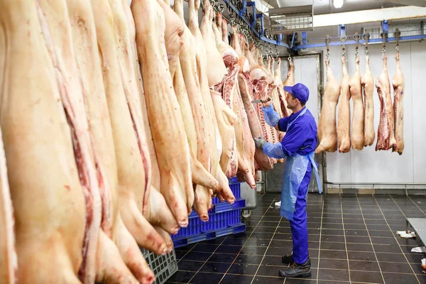 Açougueiro cortando carne de porco na fabricação de carne . — Fotografia de Stock
