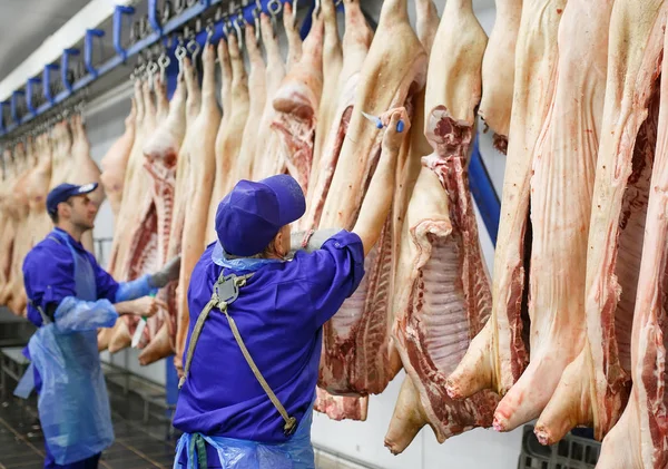 Slager snijden varkensvlees bij de vleesproductie. — Stockfoto