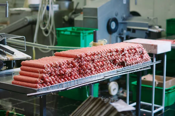 Fare salsicce, produzione alimentare in fabbrica . — Foto Stock