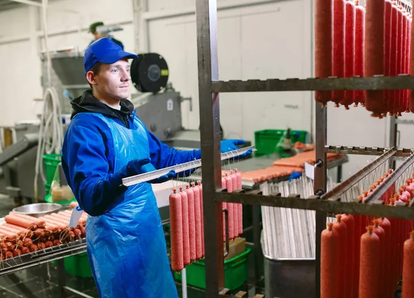 Retrato de carniceros procesando embutidos en fábrica de carne — Foto de Stock