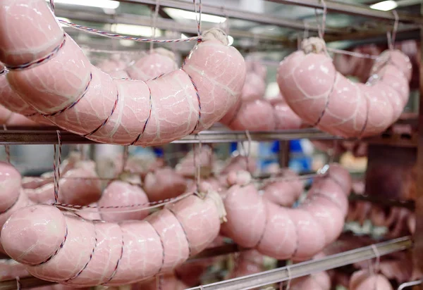 Fabrication de saucisses, production alimentaire dans l'usine . — Photo