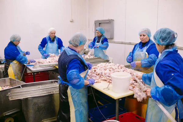 Workers working in a chicken meat plant — Stock Photo, Image