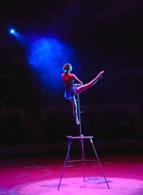 Hava acrobat içinde belgili tanımlık çalmak. Genç bir kız akrobatik öğeleri hava ringde gerçekleştirir.