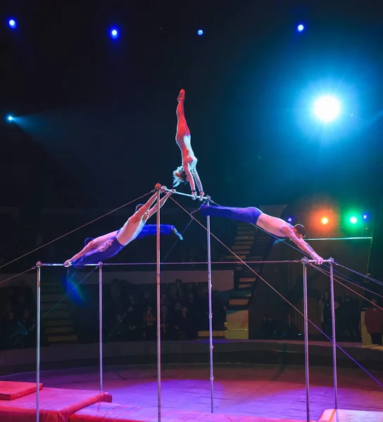 Acrobats realizan ejercicios en la barra en la arena del circo . — Foto de Stock