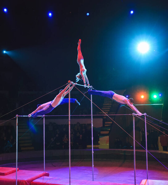 Acrobats perform exercises on the bar in the Circus arena.