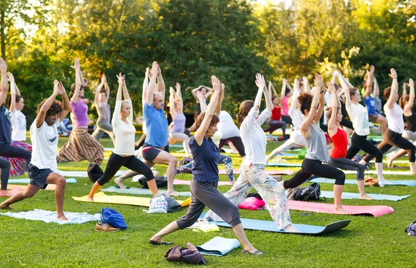 在公园外面上瑜伽课的大群成年人 — 图库照片