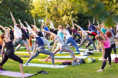 Büyük bir grup yetişkin parkta yoga dersine katılıyor.