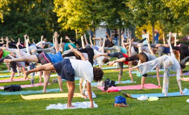 Büyük bir grup yetişkin parkta yoga dersine katılıyor.
