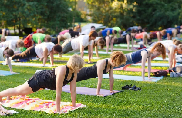 Große Gruppe von Erwachsenen nimmt an einem Yoga-Kurs im Park teil — Stockfoto