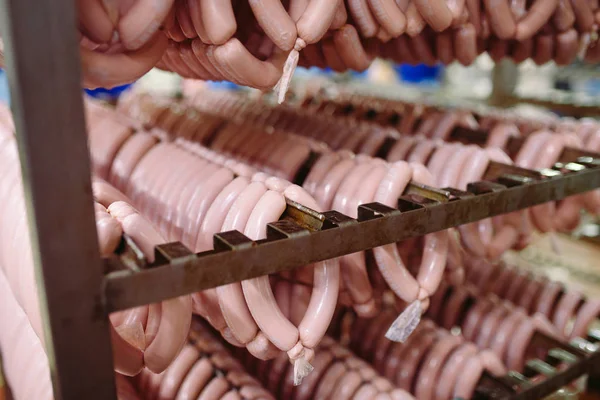 Fabricación de embutidos, producción de alimentos en la fábrica . — Foto de Stock