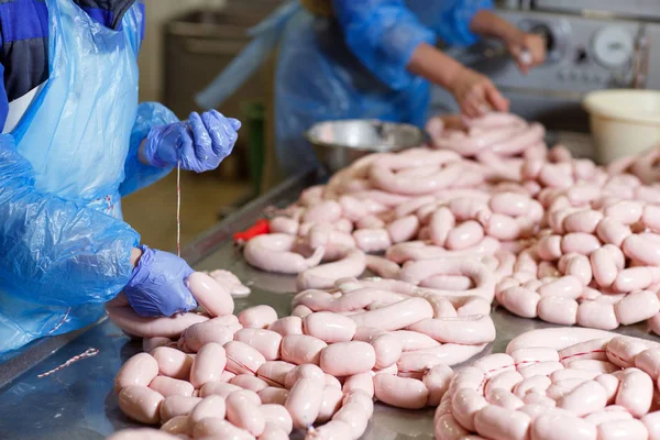 Butchers processing sausages at a meat factory. — Stock Photo, Image